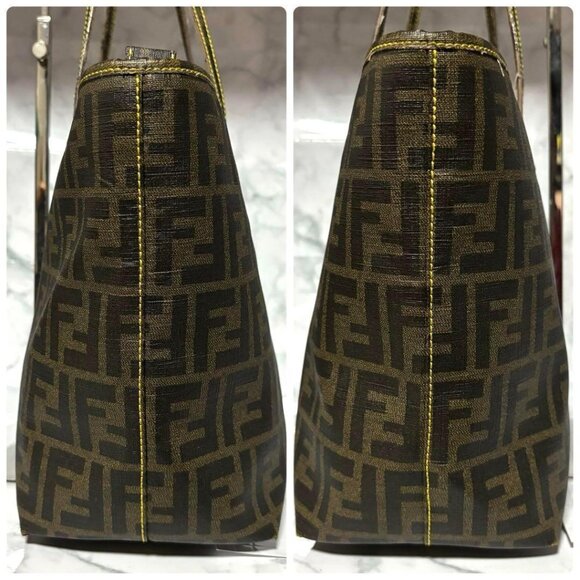 Authentic FENDI Zucca Large Spalmati Roll Tote Handle Shoulder Bag Brown PVC Tan - Picture 4 of 12